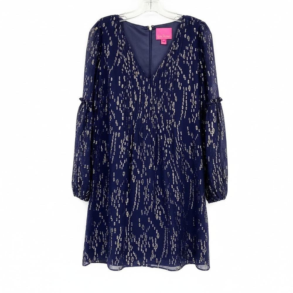 Lilly Pulitzer Navy Gold Cleme Silk Pleated Mini Dress | Women’s S